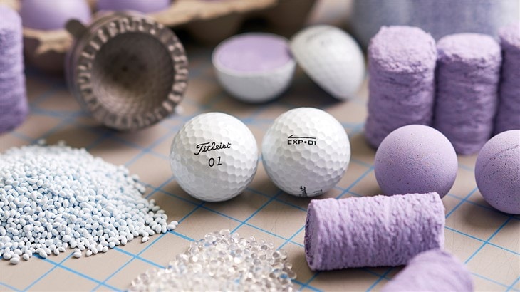 Photo of New Titleist EXP&bull;01 Golf Ball in Titleist R&amp;D along with the component materials it is made from